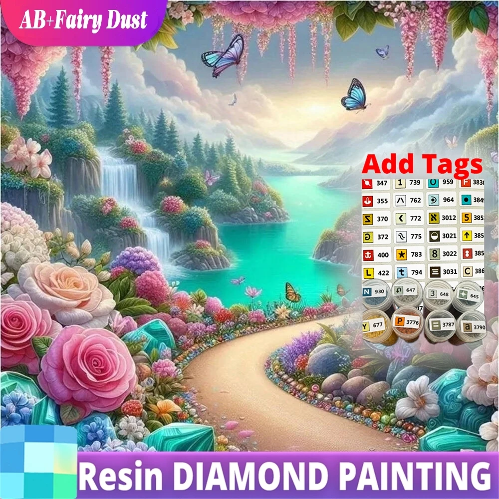 

Смола AB Фея Пыль Алмазная картина Водопад DIY Цветок Алмазная мозаика Река Пейзаж Гора Полный квадратный круглый уличный дом