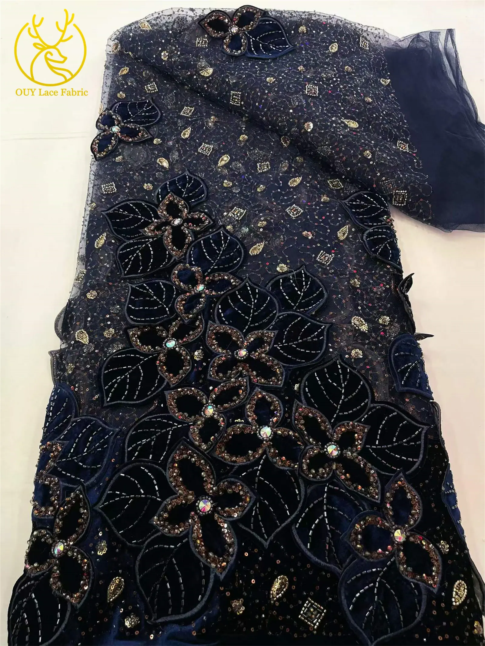 Weinroter Luxus Afrikanischer Samt DIY Handgemachte Stickerei Blatt-Pailletten Spitzenstoff 2026 Französischer Bräutigam Perlen-Spitzenstoff Kleid – Detail 13