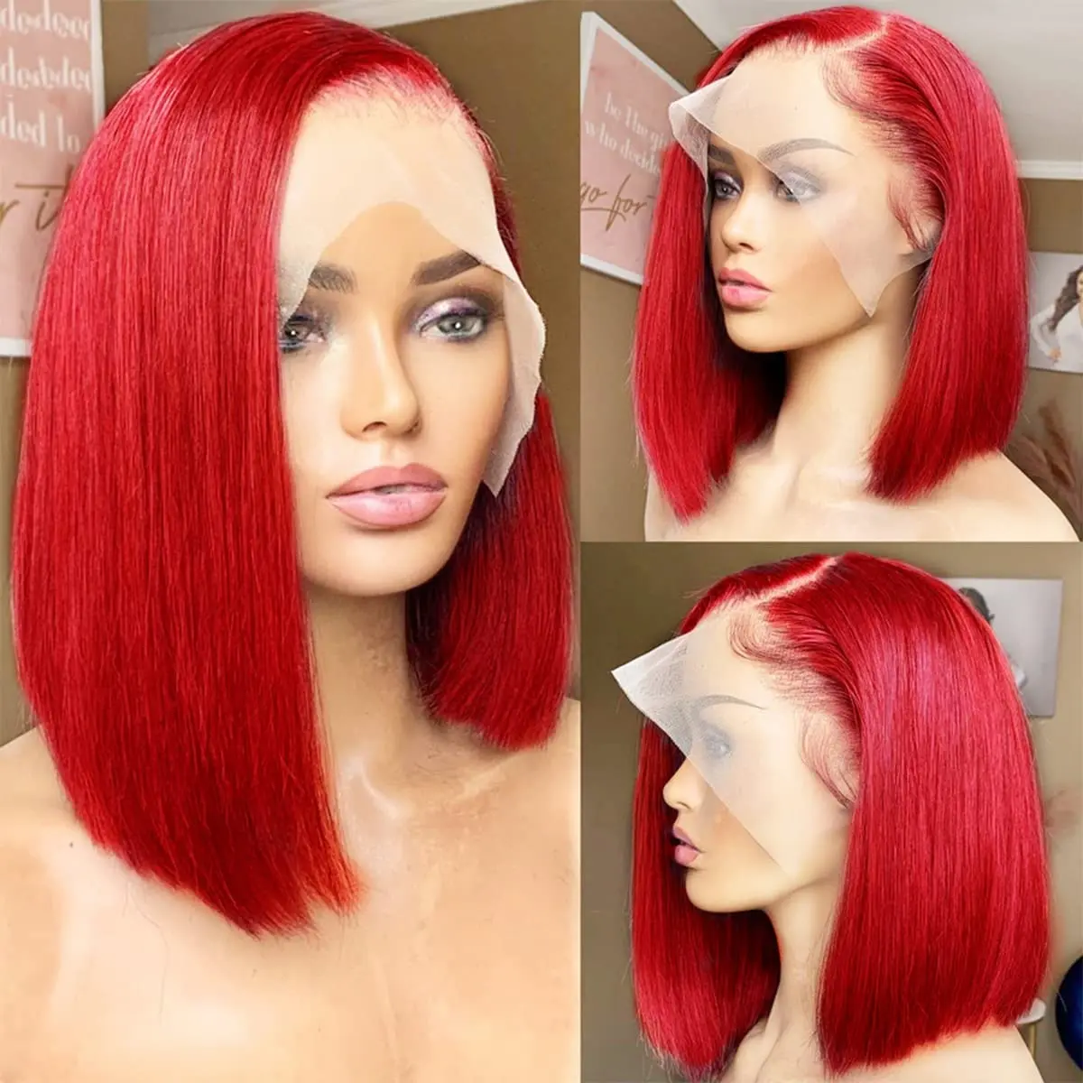 

Straight Red Bob 13x1 Lace Front Wig 150% Density Glueless Colored Remy Pre Plucked Hairline T Part Human Hair Short Bob Wig