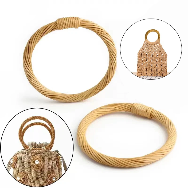 1pcs Round Rattan Bag Handles 12.5cm Woven Wooden Crochet Hangbag Handles DIY Making Purse Replacement Straps Accessories