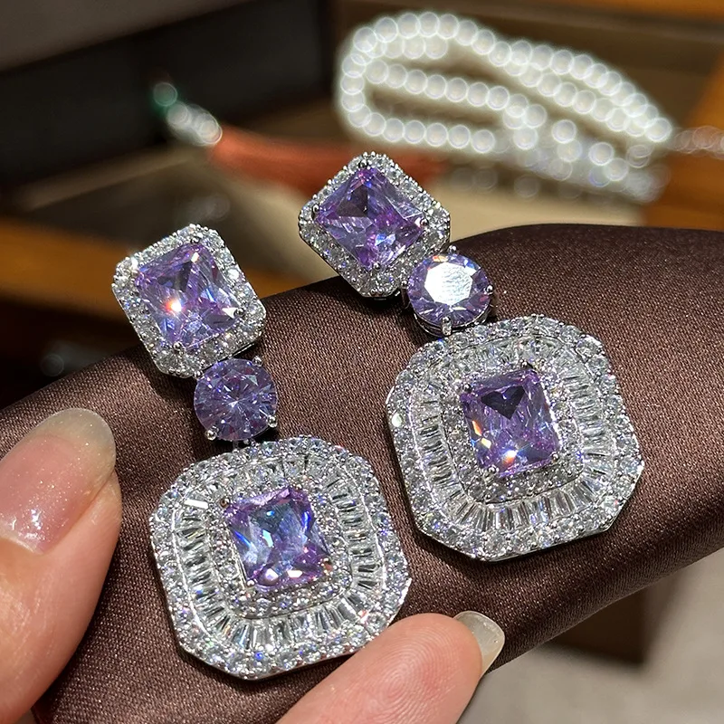 Chic Grand Heavy-Duty Purple Gem Square Tag Drop Earrings Light Luxury Glam Women Cocktail Premium Present