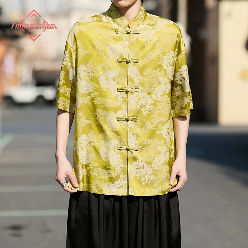 

Chinese Style Summer Ice Silk Short Sleeve Shirt Man Luxury Dragon Pattern Loose Tang Suit Shirts