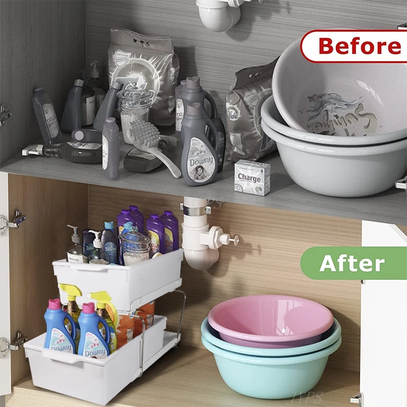 Kitchen Storage Rack Under Sink Drawer Storage Rack 2 Tier Pull out Organizer Multi-purpose Shelf Cabinet Kitchen Acceesories