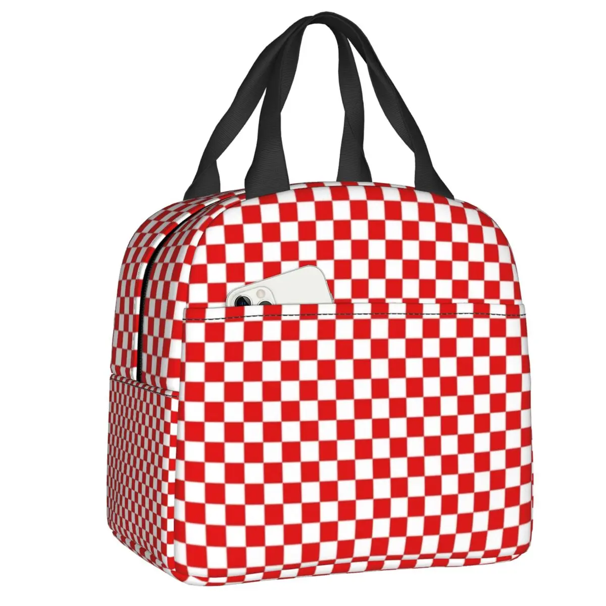 Custom Checkerboard Plaid Portable Lunch Box Women Waterproof Red And White Checker Thermal Cooler Food Insulated Lunch Bag