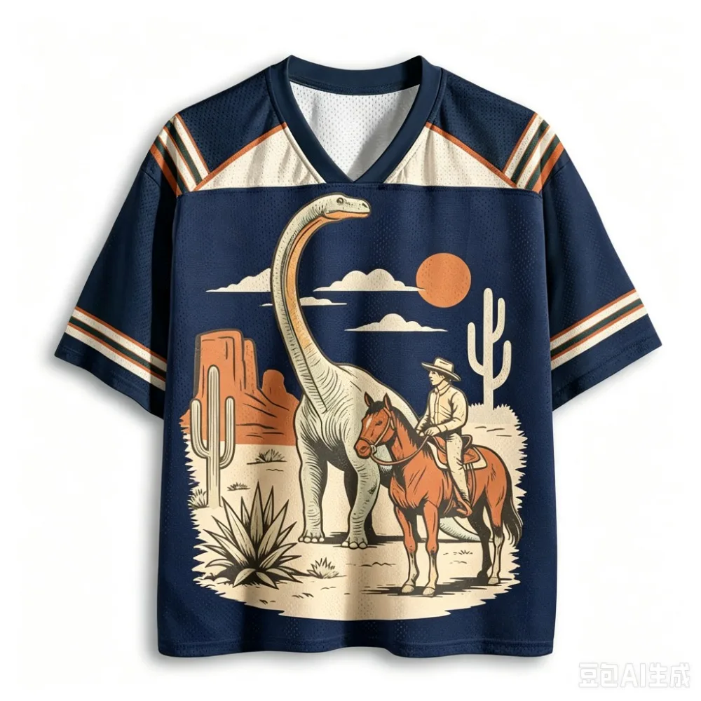 Fun Desert Dinosaur Knight 3D Printed Men's Sportive Breathable Loose VNeck T-Shirt Y2K Street Fashion Trendy Parent-Child Shirt