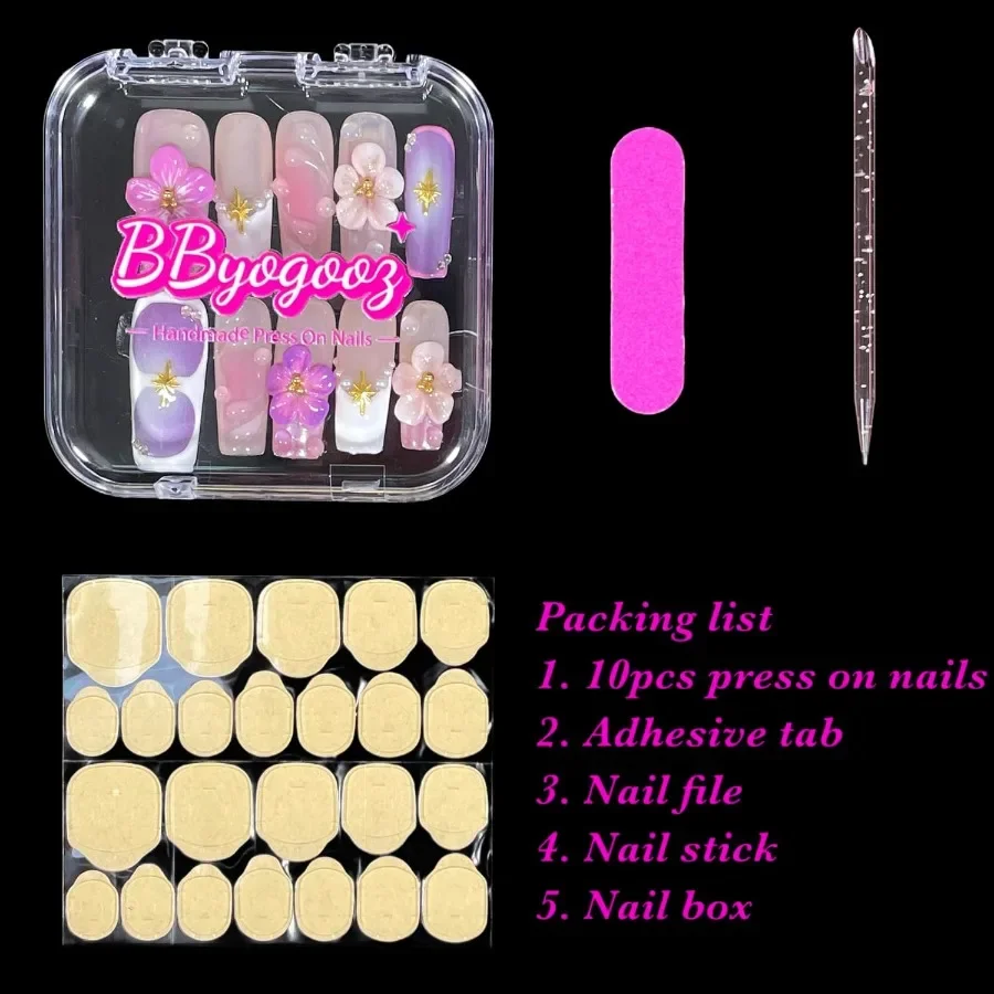 Handmade Press On Nails Medium Long Square Pink 3D Sakura Design Reusable French Acrylic Fake Nails with Gold Stars Pearls for