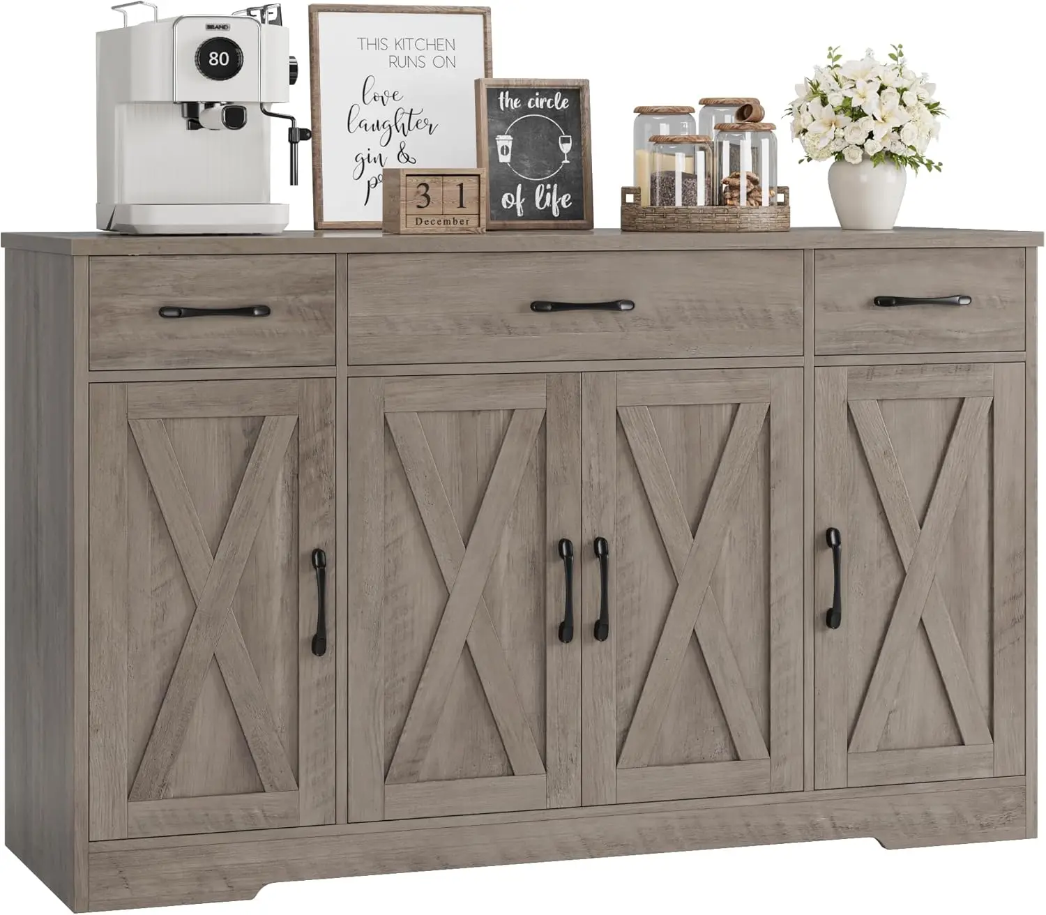 55' Buffet Sideboard Cabinet with Drawers & Shelves, Modern Farmhouse Coffee Bar in Ash Grey