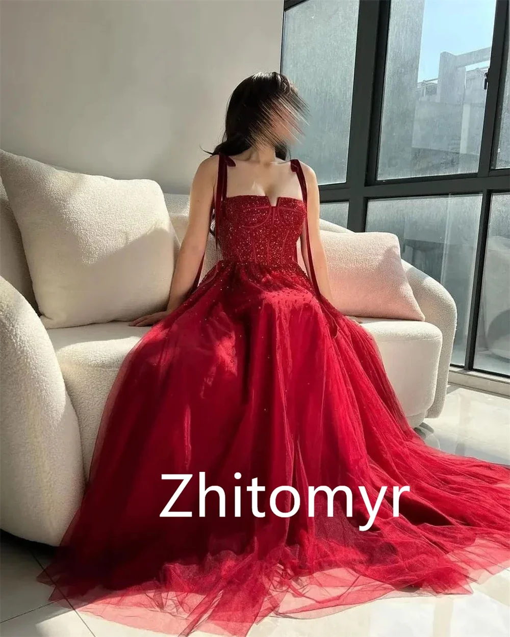 Customized Exquisite Intricate Spaghetti strap A-line Party Dresses Beading Floor length Tassel Organza Evening  formal dress