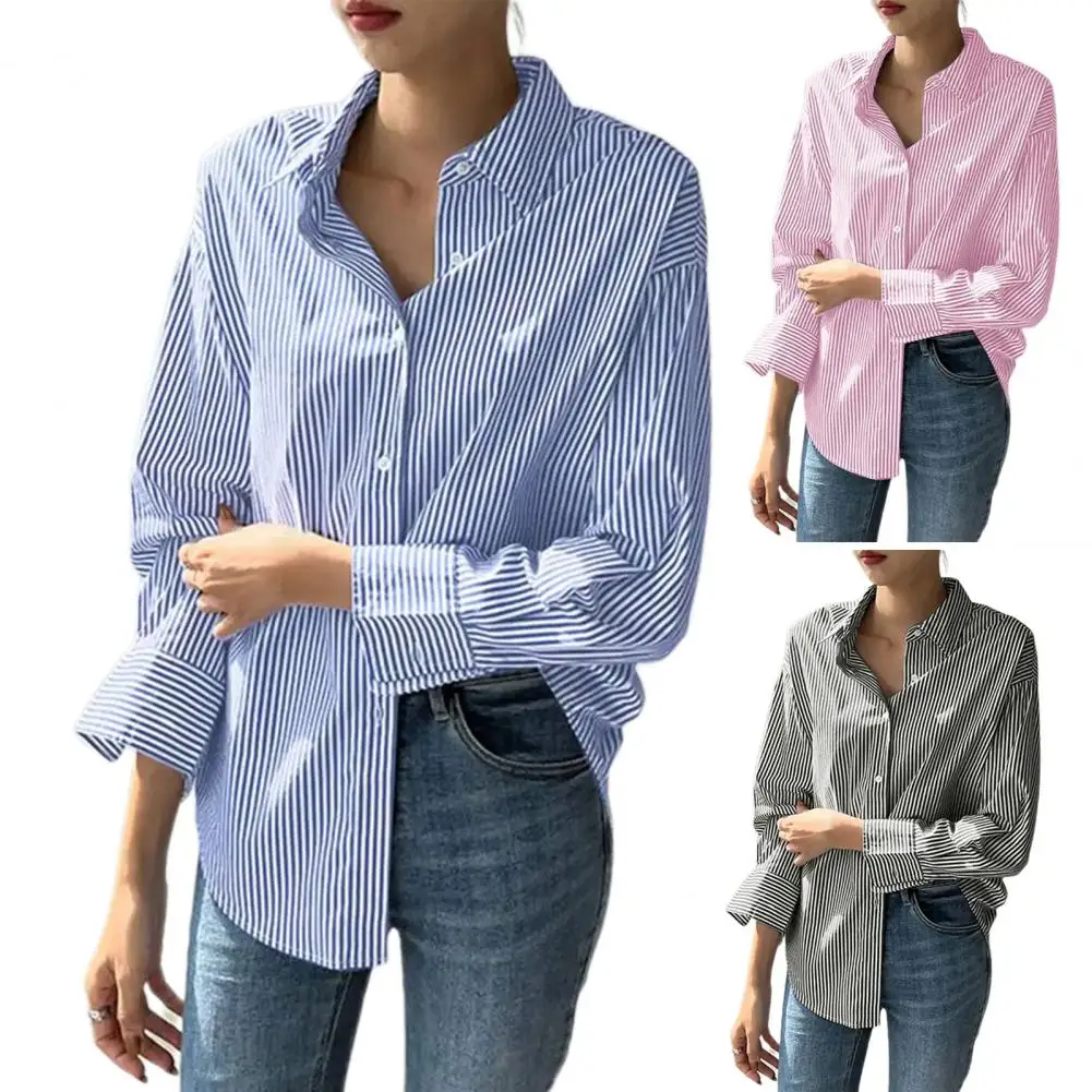 

Women Striped Blouse 2024 Summer Elegant Shirts Casual Loose Long Sleeve Fashion Button Up Tunic Tops Loose Fit Office Shirt