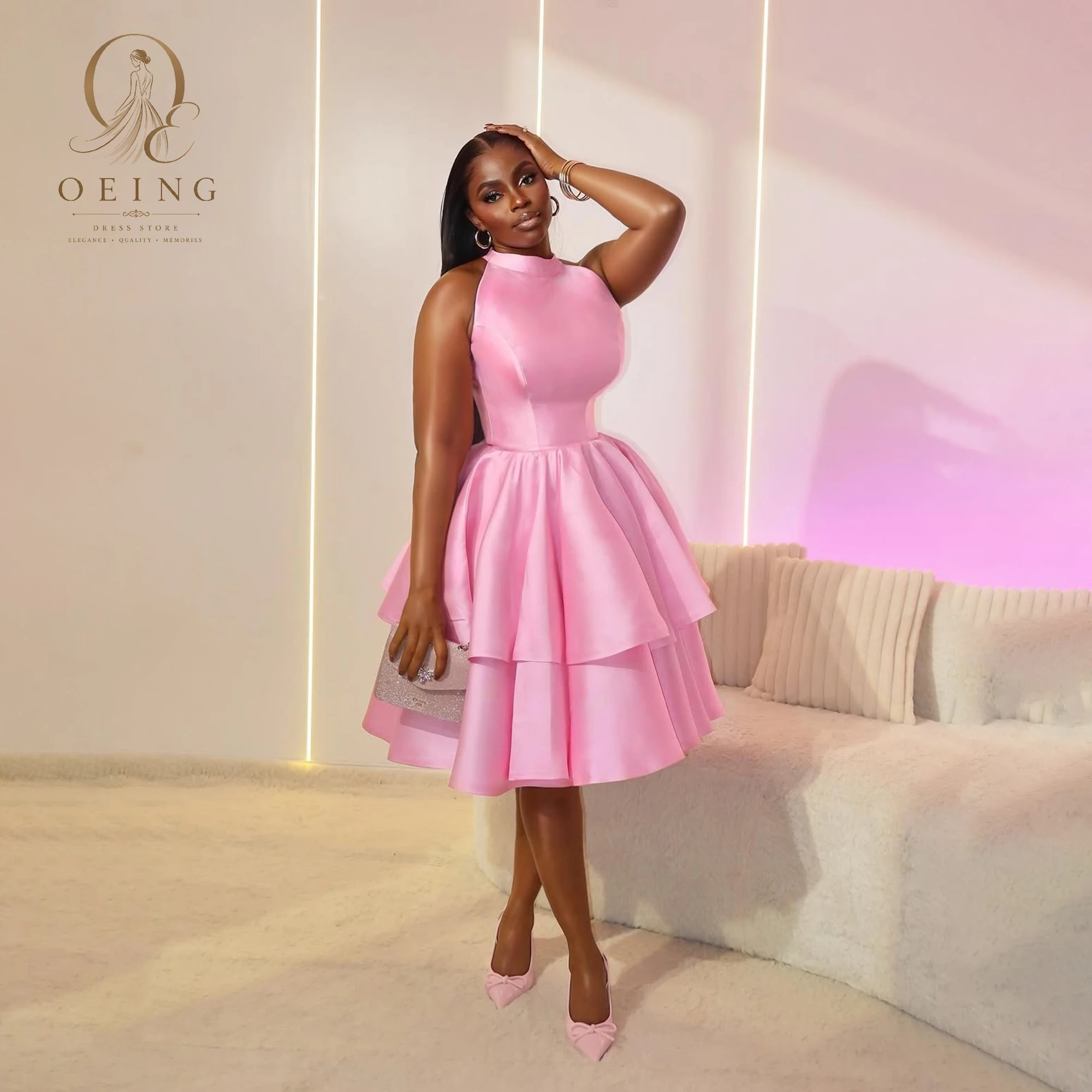 Pink Satin Halter Neck Midi Evening Dress Layered Ruffle Skirt African Party Gown Custom Size Color Plus‑Size for Wedding Guest