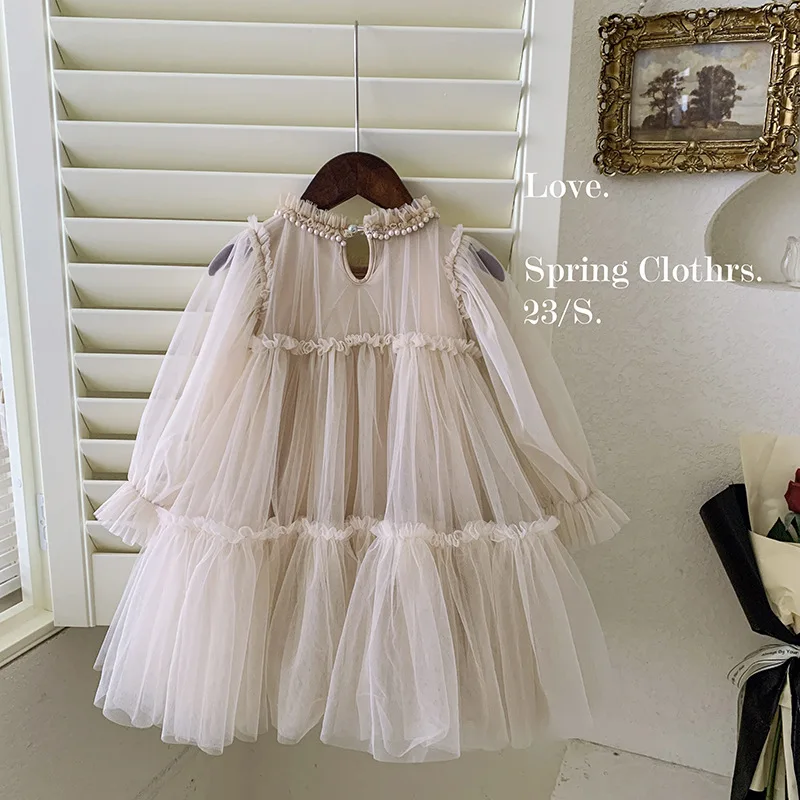 Girls\' Spring And Autumn New Children\'S Baby Girl Western Style Lace Splicing Puffy Gauze Princess Dress