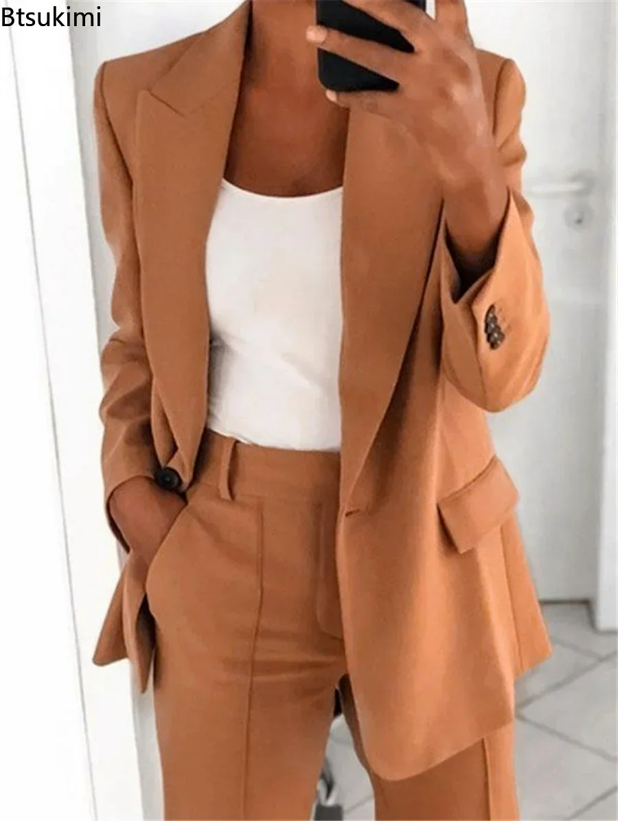 2024Women\'s Solid Blazers Jacket and Pants Sets 2PCS Slim Fit Formal Office Ladies Elegant Clothing Set Two Pieces Oversized 5XL