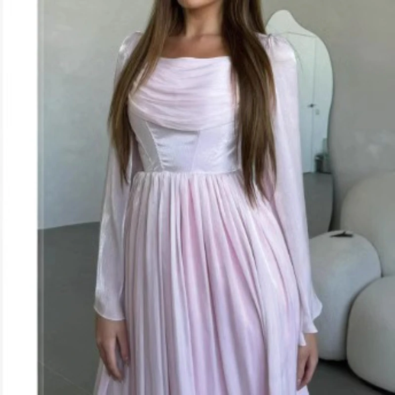 2025 Spring and Autumn French Dress Square Collar Fold Slim Temperament High Waist Women's Party Dress