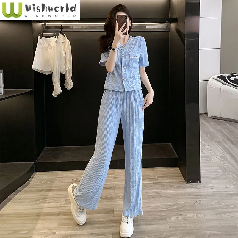 

Blue Set, Women's Summer New Style Fashionable Age Reducing Western-style Casual Sports Wide Leg Pants Two-piece Set