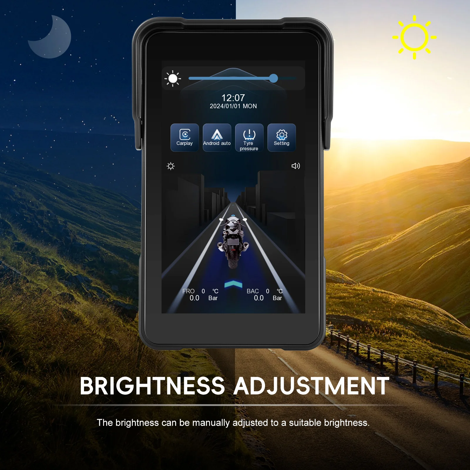 Podofo 5-Zoll-Vertikalbildschirm, intelligentes Motorrad-Display, kabelloses Carplay, Android-Auto-Navigation, IP68, wasserdicht, BT, Helligkeitseinstellung, Motorrad-Monitor, 12 V, mehrere Sprachen, tragbarer Monitor, Smart Player – Detail 5