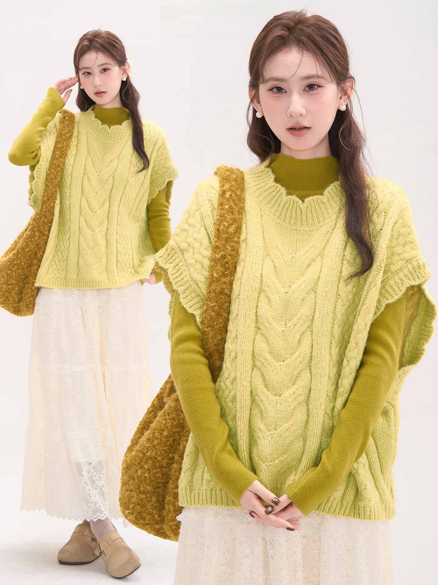 

Heme 30 Wool Blend Women's Sweater round Ne ort Sve Wave Lace Knit Casual Autumn Faion Casual Window Flower Field