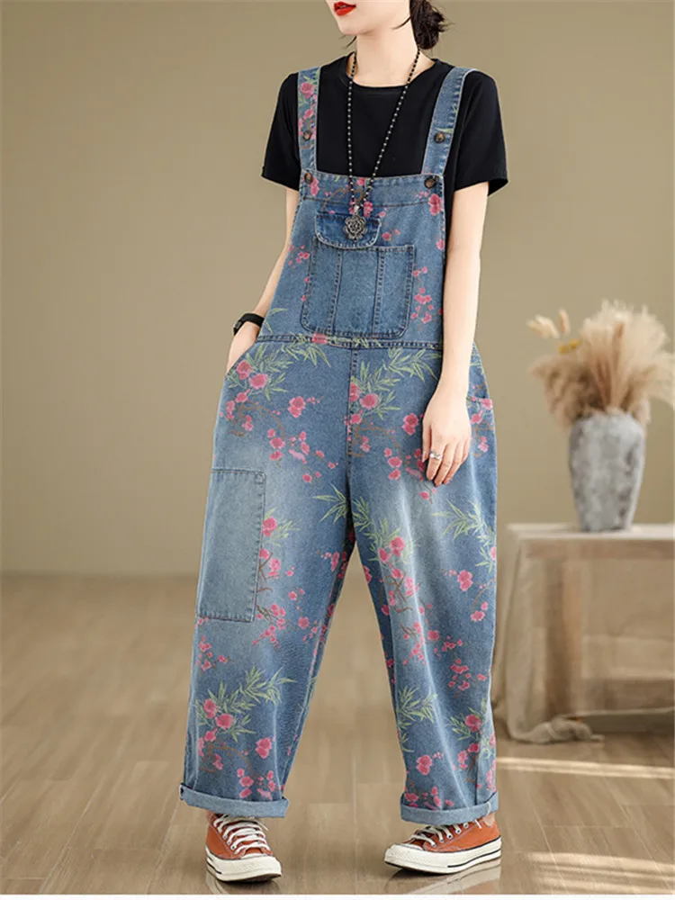 Spring Autumn Fashion Streetwear Print Denim Jumpsuit Women Casual Loose Wide Leg Pants Rompers Pockets Straps Jeans Overalls