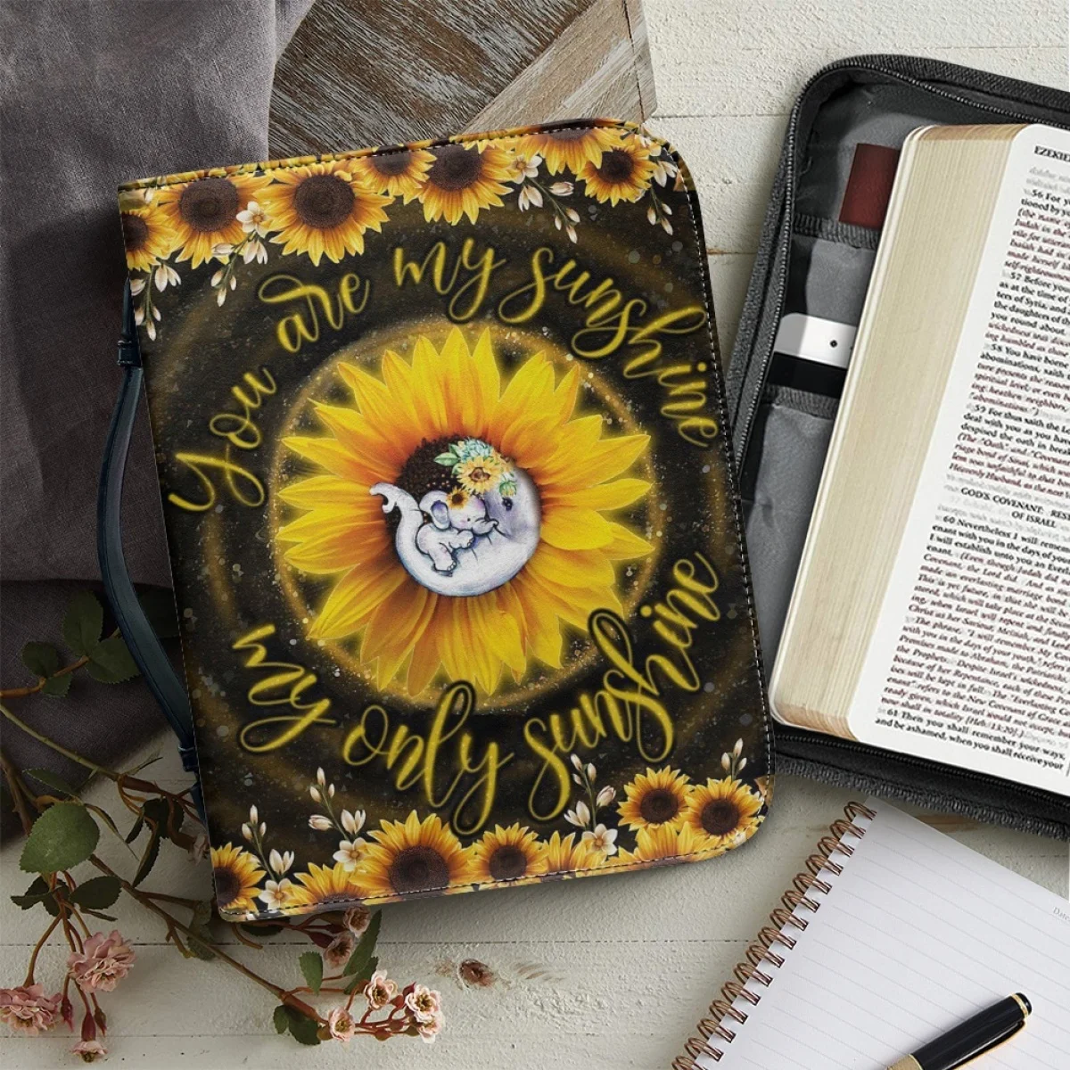 Sunflower Bible Poetry Print Bible Storage Bags for Women Custom Leather Handbag Classic Practical Study Book Holy Storage Boxes