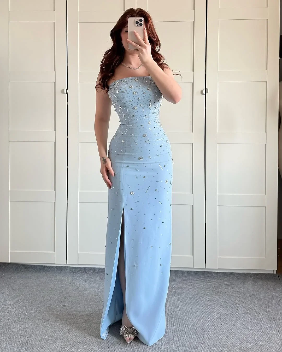 

Customized Sexy Jersey Crystal Sequined Evening Dress Temperament Sleeveless Strapless Floor Length Bespoke Occasion Gowns