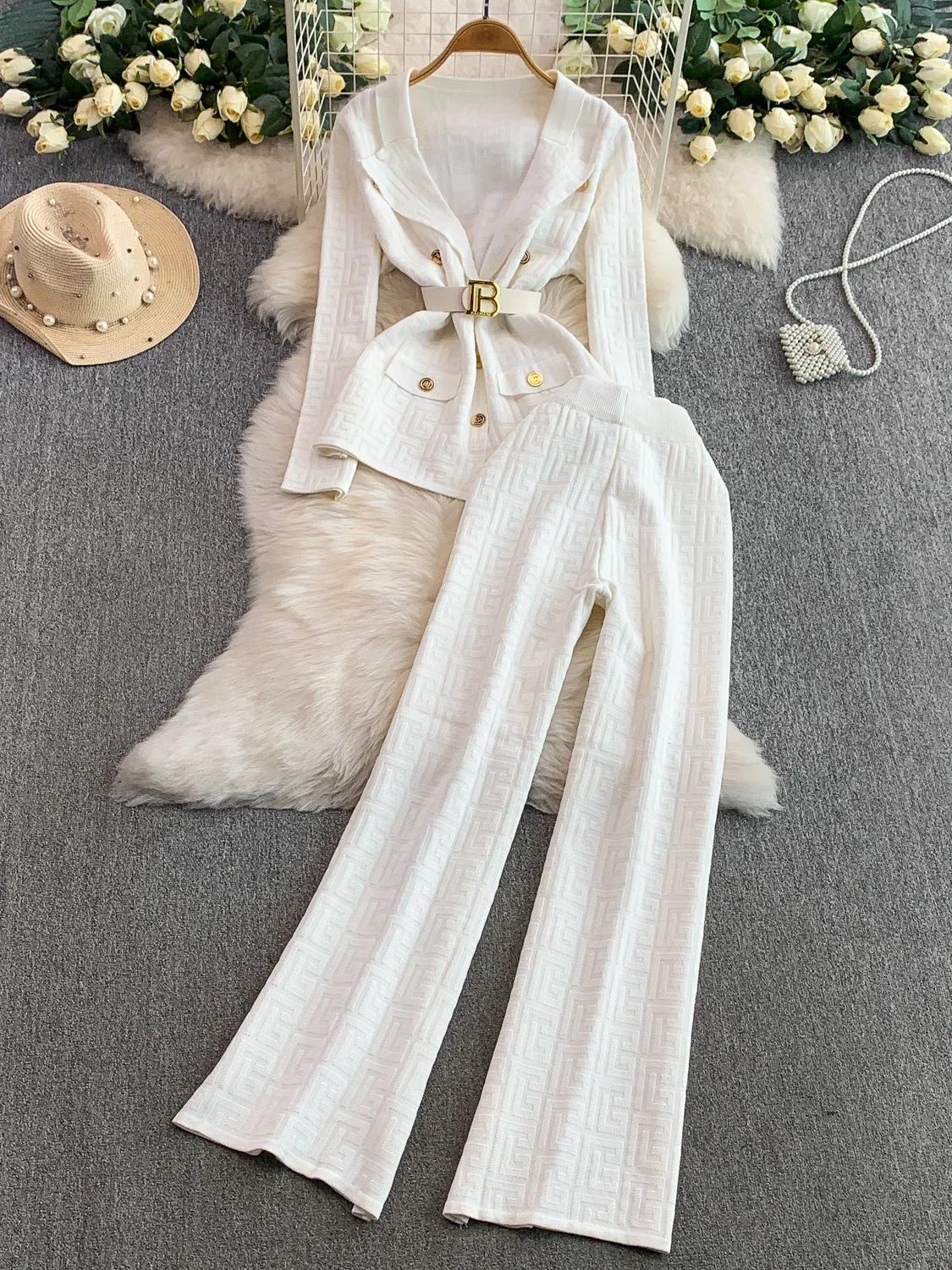 

Faionable Knitted Plaid Coat High Waist Wide Leg Pants Set with Belt Slimming Waist Design Ladylike Godd Sle Ensemble