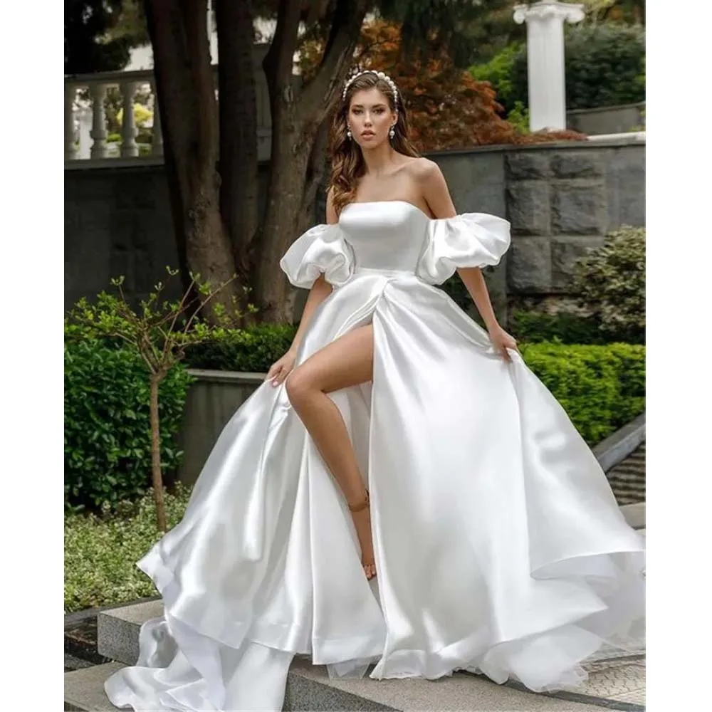 Mariage 2024 Sexy High Slit Satin Wedding Dresses with Detacbable Sleeves A-line Strapless Bridal Dress Court Train Couture