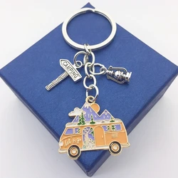 Camping Kerosene Lamp Camper Bus Keychain Souvenir Holiday Travel Keyring Women Jewelry Accessories Pendant Gift