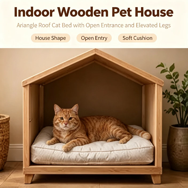 OEM/ODM Wood Cat House With Wide Open Entrance Spacious Interior Thick Cushion Elevated Feet Multi Scenario Use