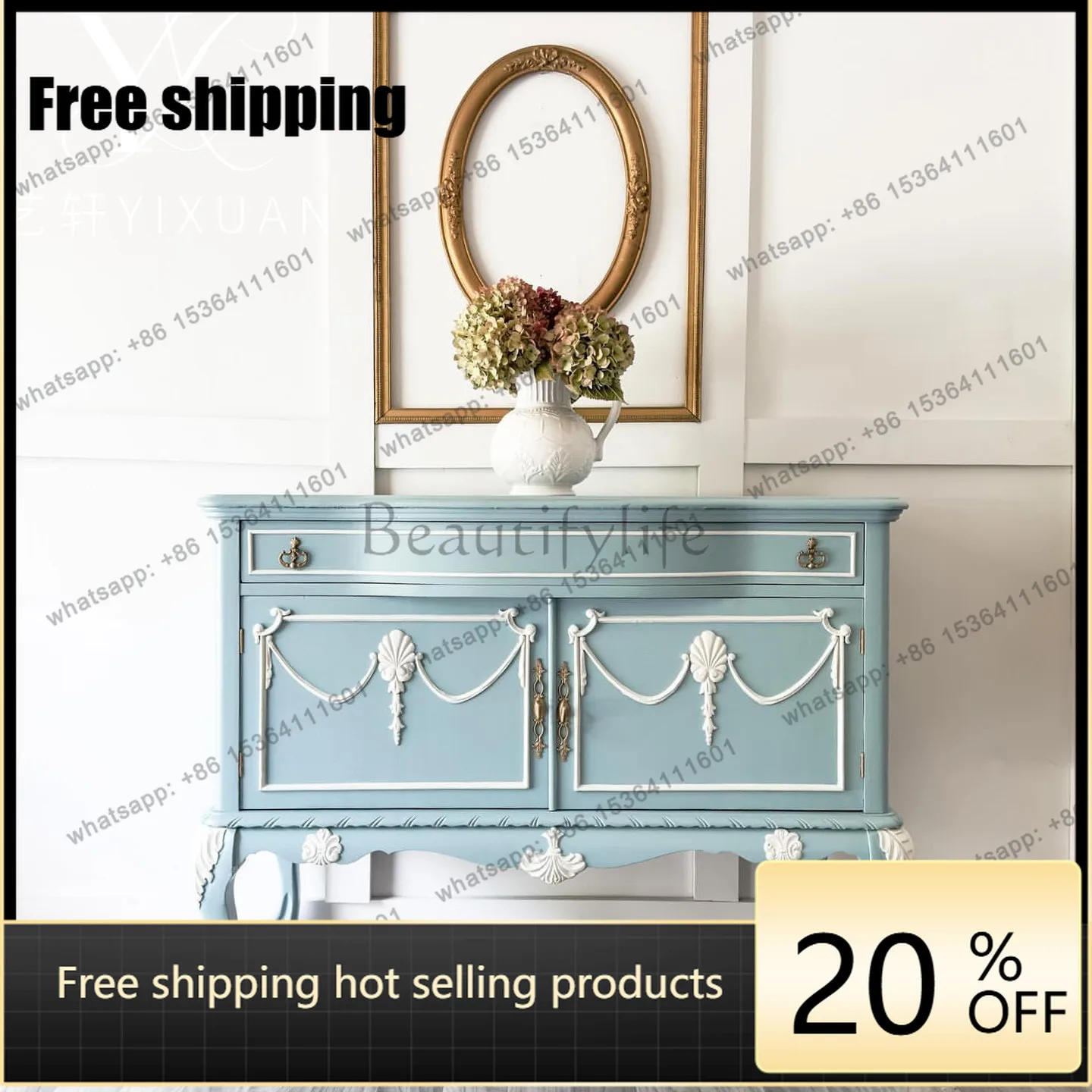 XX French retro solid wood carving flower entrance cabinet American living room decoration cabinet