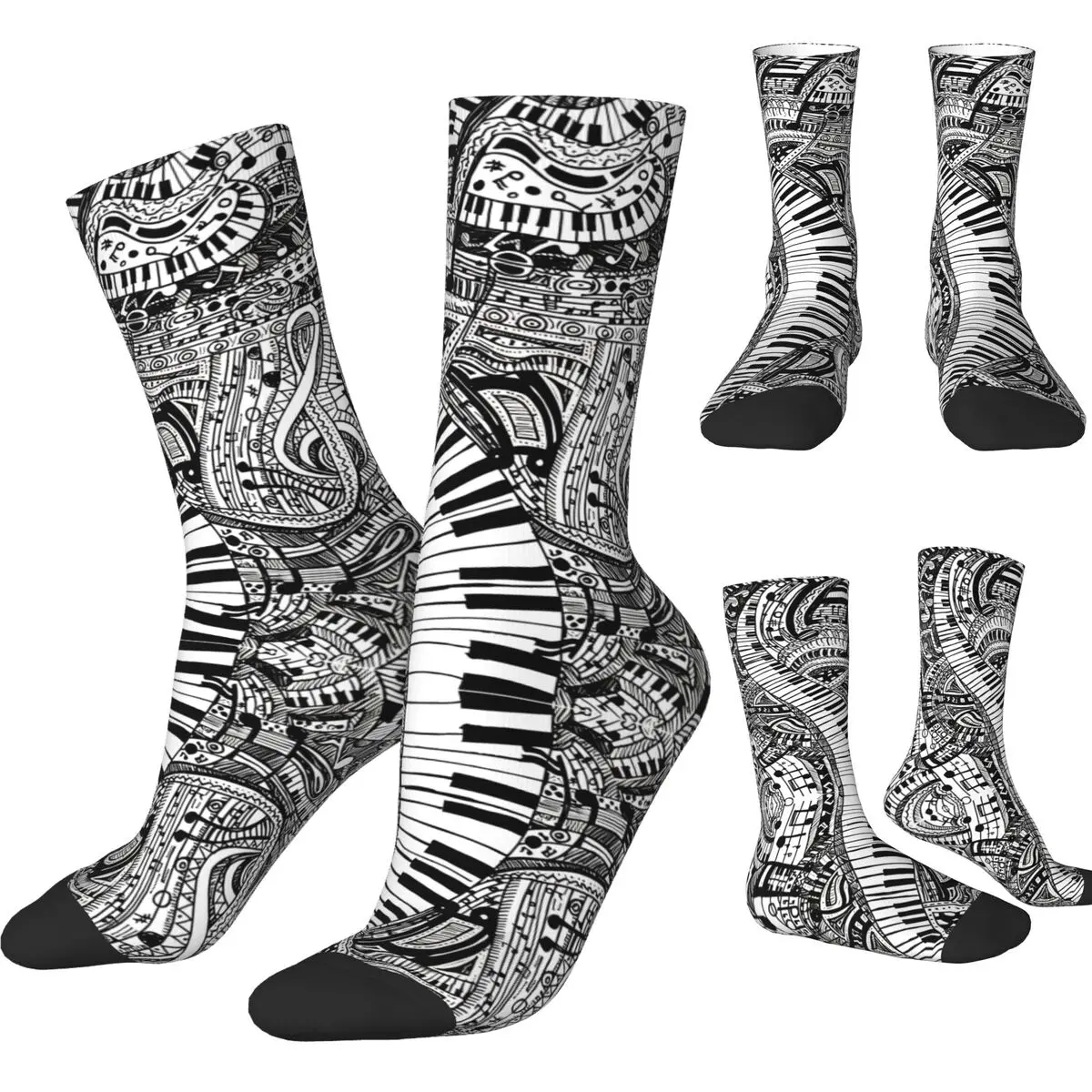 Funny Classical Music Doodle Nocturne By Chopin Piano Keyboard Basketball Socks Middle Tube Socks for Women Men Sweat Absorbing