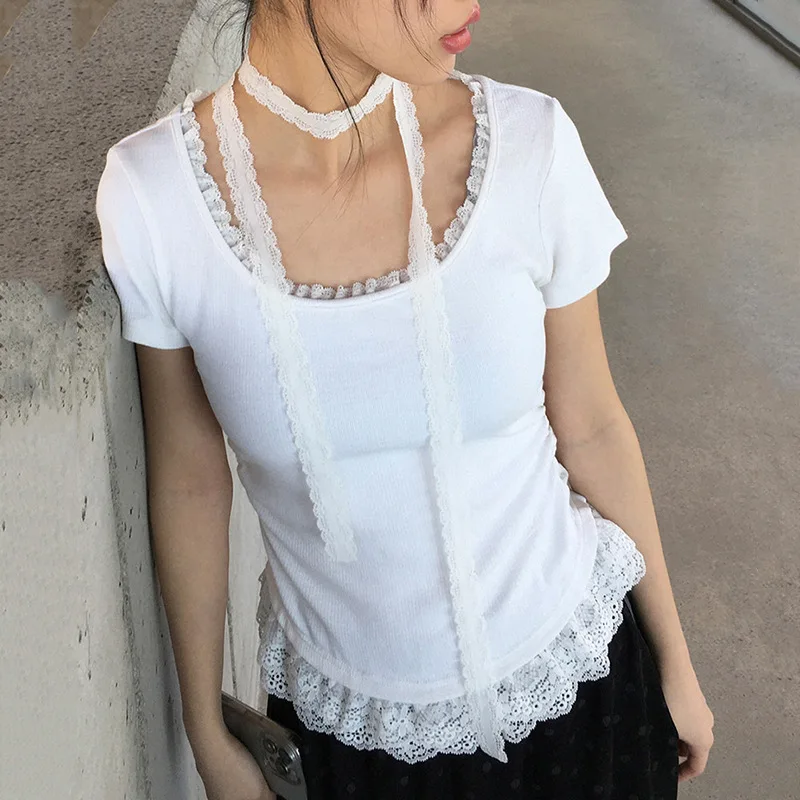Chic Simple Lace Spliced Causal T-shirt For Women Solid Color Sexy Shirring Short Tee With Ribbon Summer Grey O-neck Tops Blouse