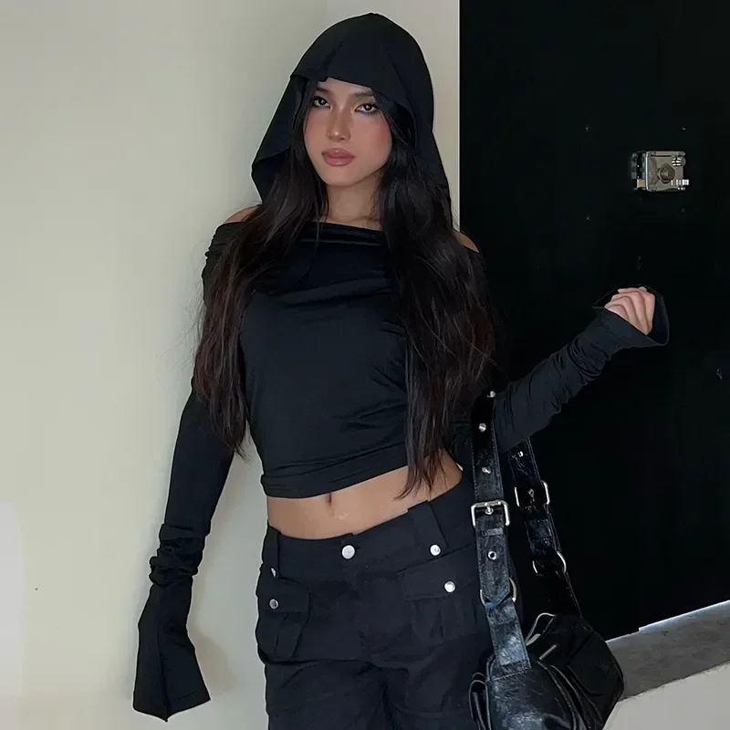 

Elegant Fashion Gothic Solid Hooded Cropped T Shirt Dark Slim Slash Neck Long Sleeve Tees Women 2023 Summer Streetwear