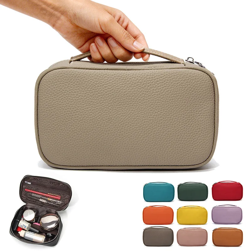 Compact Travel Makeup Organizer Bag, Women's Genuine Leather with Mesh Divider Pocket for Small Cosmetic Tools & Lotions