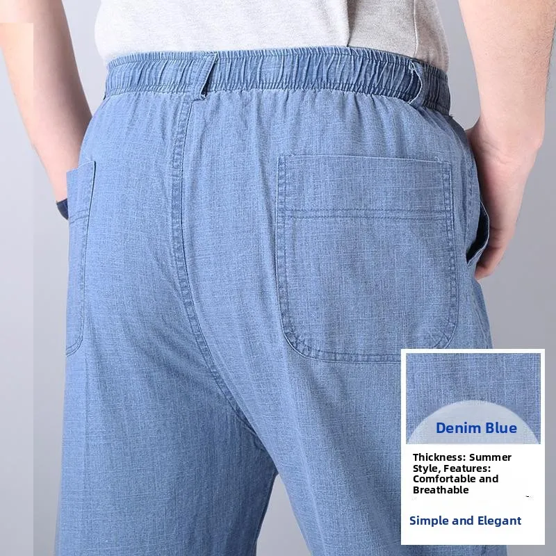 بنطلون رجالي كاجوال عالي الخصر من القطن والكتان، بنطلون صيفي رقيق مستقيم الساق وفضفاض بخصر مطاطي، ملابس مريحة لكبار السن