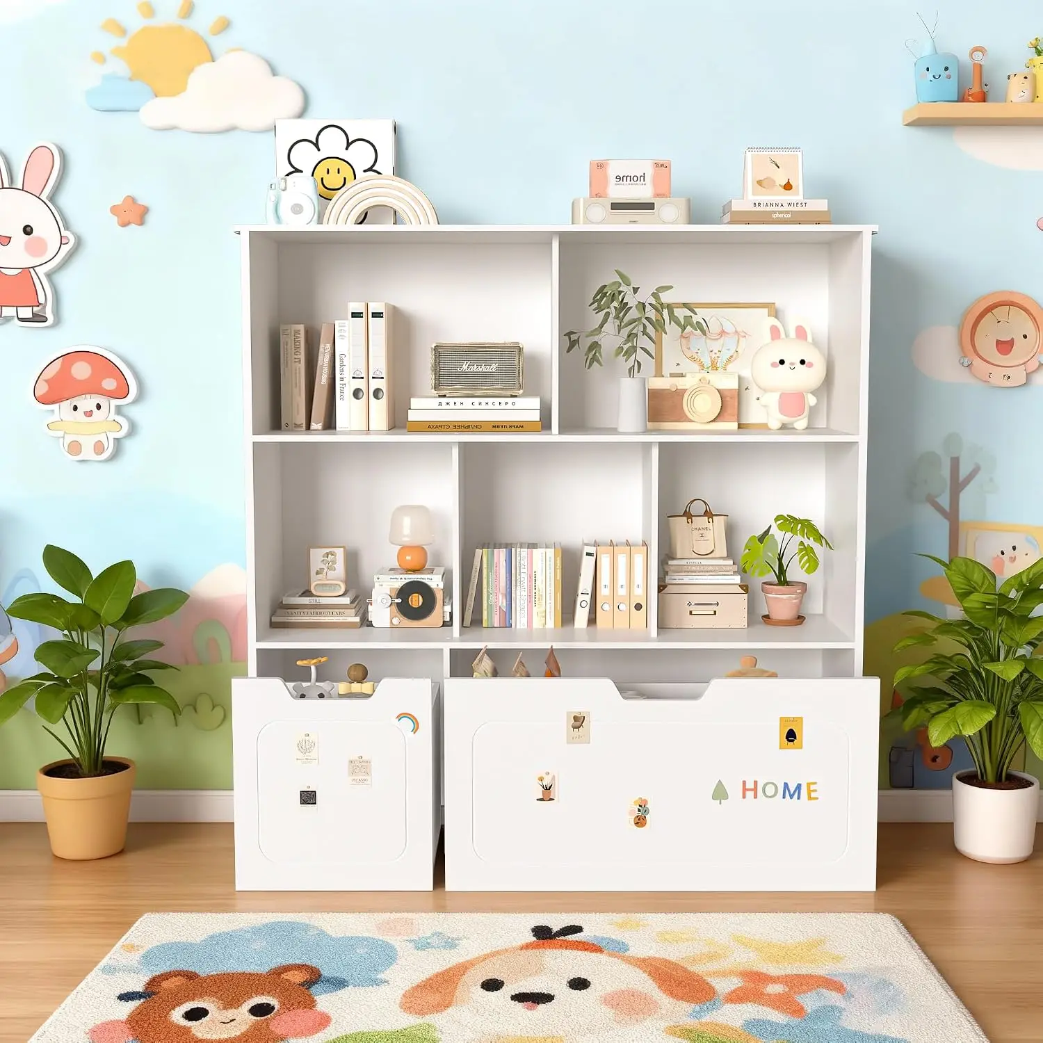 Toy Storage Organizer Drawers Wooden Bookshelf 5 Cubes Chests Shelf Nursery Playroom Gift Age 3+, Customized