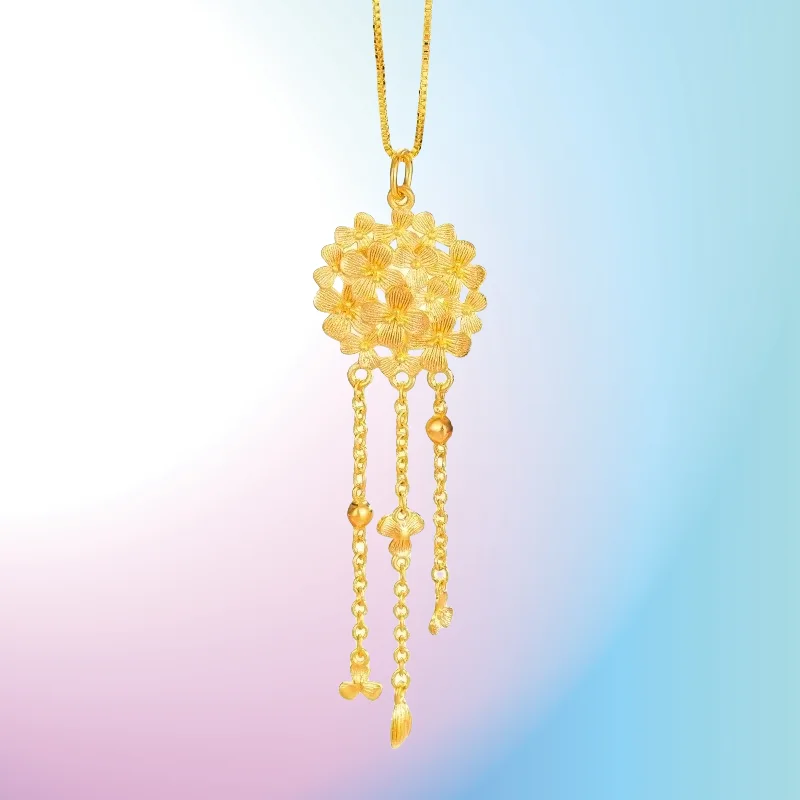 

new 9999 Real Gold 24K High Sense Ancient Gold Hydrangea Fringed Collarbone Necklace Design Sense Fringed Flower Ball Necklace