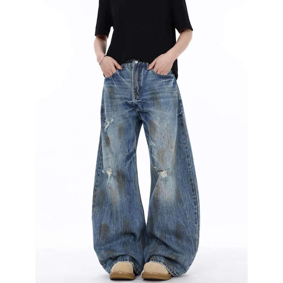 

Мужские джинсы в стиле ретро, американский уличный стиль, прямые, широкие, с эффектом потертости, повседневные, из смесового хлопка и полиэстера