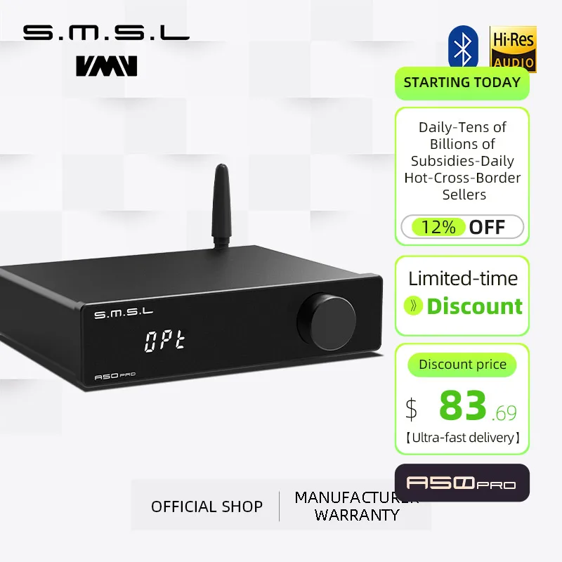 

SMSL A50PRO 70W*2 Power Amplifier MA12070P*2 Bluetooth5.0 HDMI ARC High low pass filter For Passive Subwoofer & Speaker