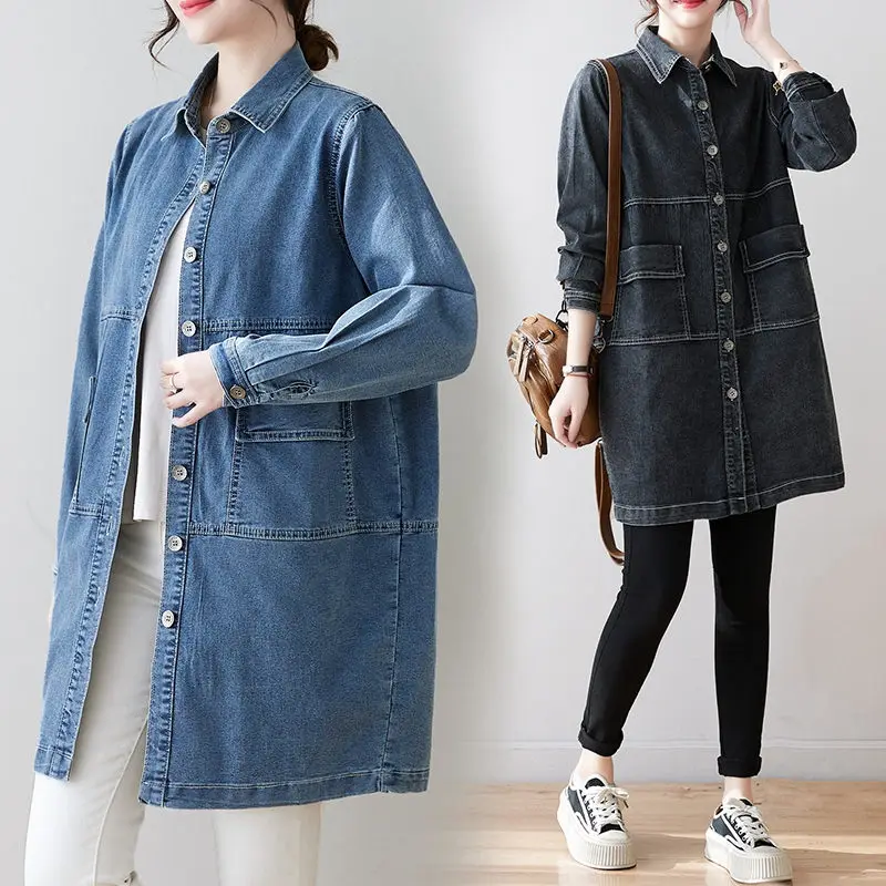 

2023 Spring Denim Shirt Women's Fashion Temperament Casual Loose Versatile Medium Long Jacket Viintage Single Breasted Tops Z165