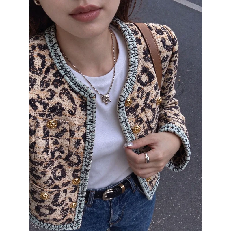 French High Quality Leopard Print Small Fragrance Coat Women O Neck Ribbon Long Sleeve Vintage Tweed Short Jacket Autumn Winter
