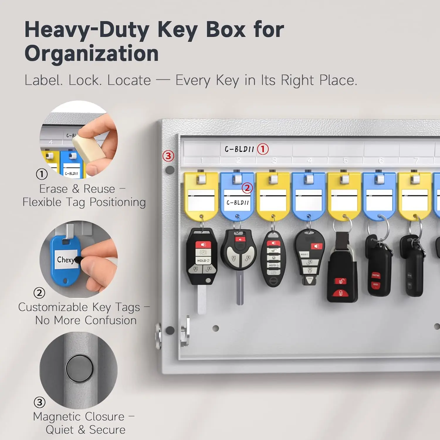 Smart Key Safe Box(16 Keys), Smart Wall Mount Key Cabinet with Key Tags, OTP/APP/Fixed Code Unlock, Security Storage Key Holder
