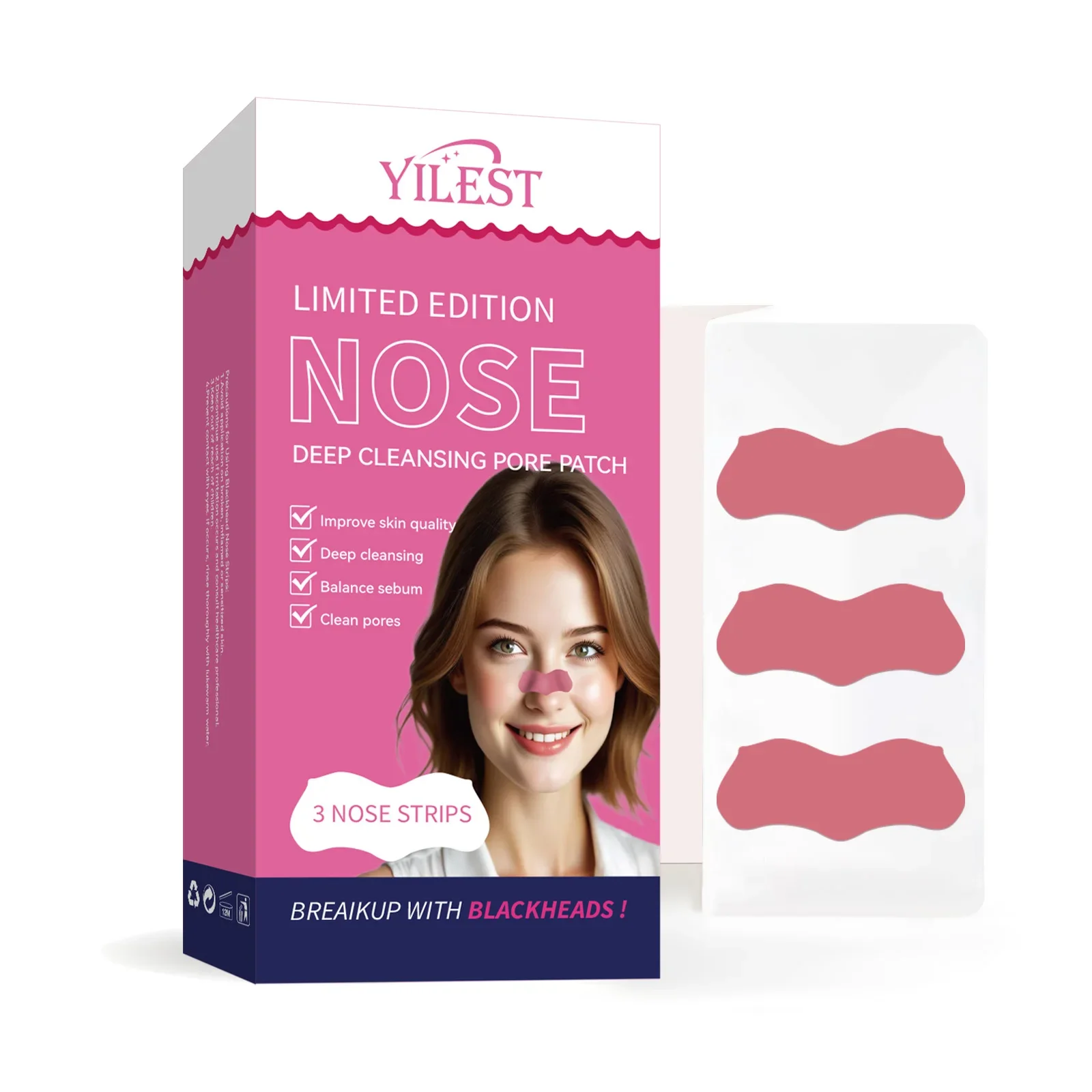 3 szt./pudełko Paski na zaskórniki różowe/czarne Głęboko oczyszczające naklejki na nos do pielęgnacji twarzy Maska na nos Shill na trądzik i zaskórniki