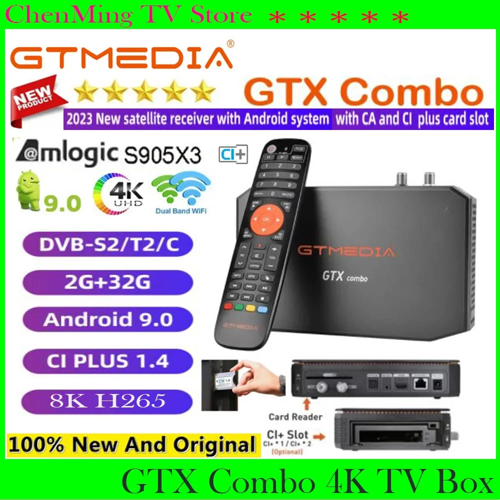 [Genuine] 2024 Newest GTMEDIA GTX Combo 4K 8K H265 UHD Satellite Receiver,DVB-S2/T2/C 2G+32GB,Support CA CI Plus 1.4 CI+SATA-HDD