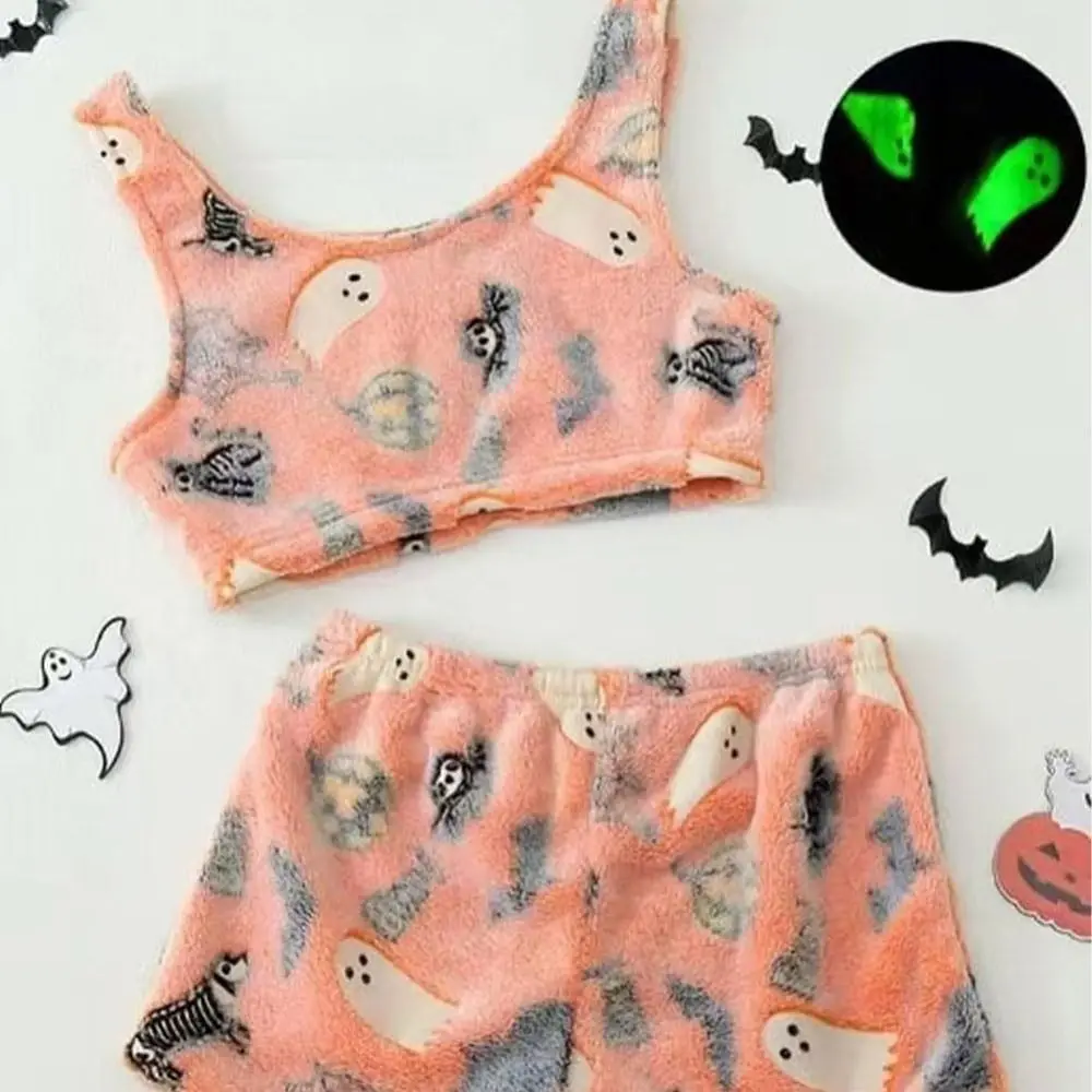 Thickened Spooky Vest Pajama Set Two-Piece Print Sleeveless Fuzzy Pajama Set Coral Velvet Pajamas Glow-in-The-Dark Homewear Suit