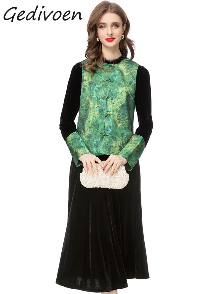 

Gedivoen Winter Fashion Designer Vintage Velvet Dress Women's Embroidery Jacket+O Neck High Waist Slim Long Dress 2 Pieces Set