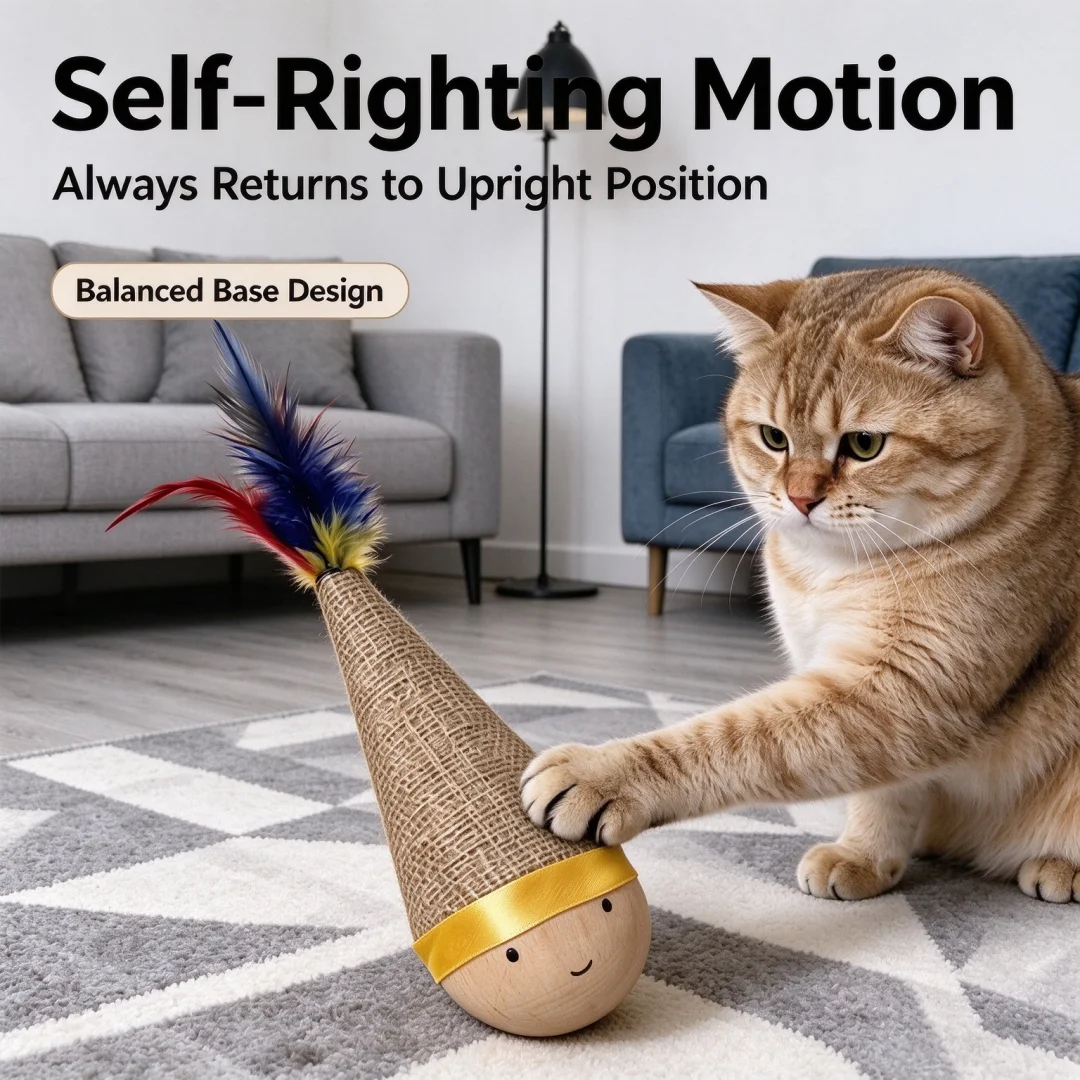 Solid wood swing cat toy，360 ° irregular movement，noise free physical drive，hardwood structure，circular finish，interactive toy