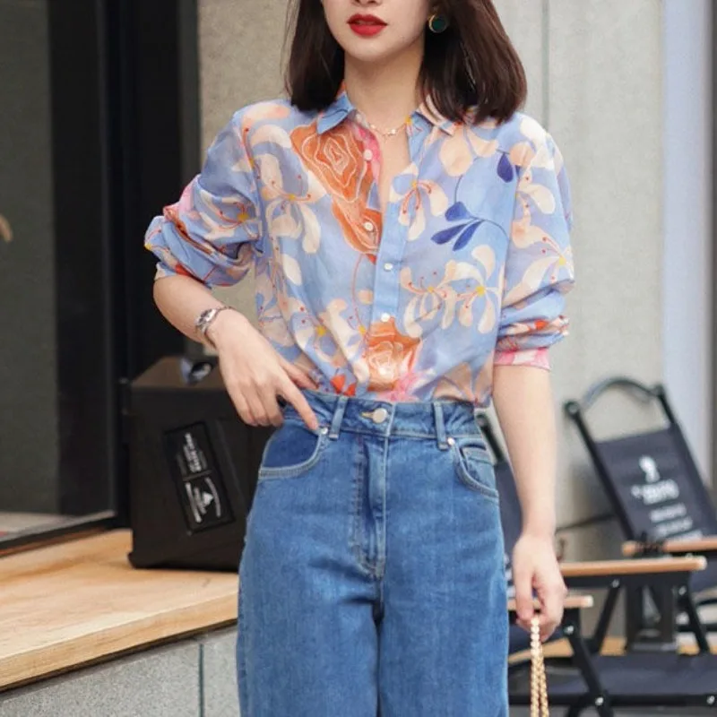 Spring and Autumn Women\'s Blouses Office Lady Turndown Collar Patchwork Printing Button Loose Chiffon Cardigan Fashion Shirt