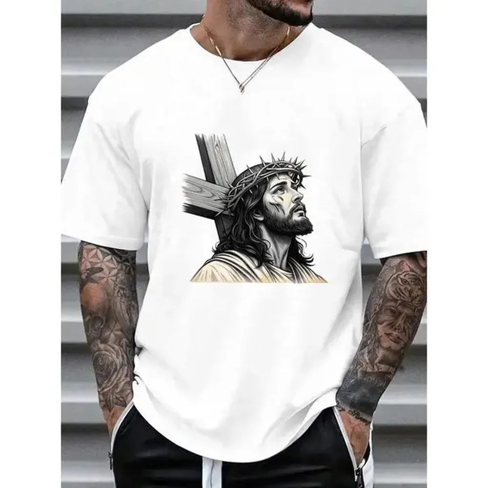 Men's Jesus Portrait T-Shirt, Christian Style Streetwear Graphic Top in 100% Pure Cotton, Fades-Resistant, Fabric, Casual, Unisex Cut, Basic, All Seasons, Shortsleeve, Classic, Casual Fit, Round Neck, Chic, Club