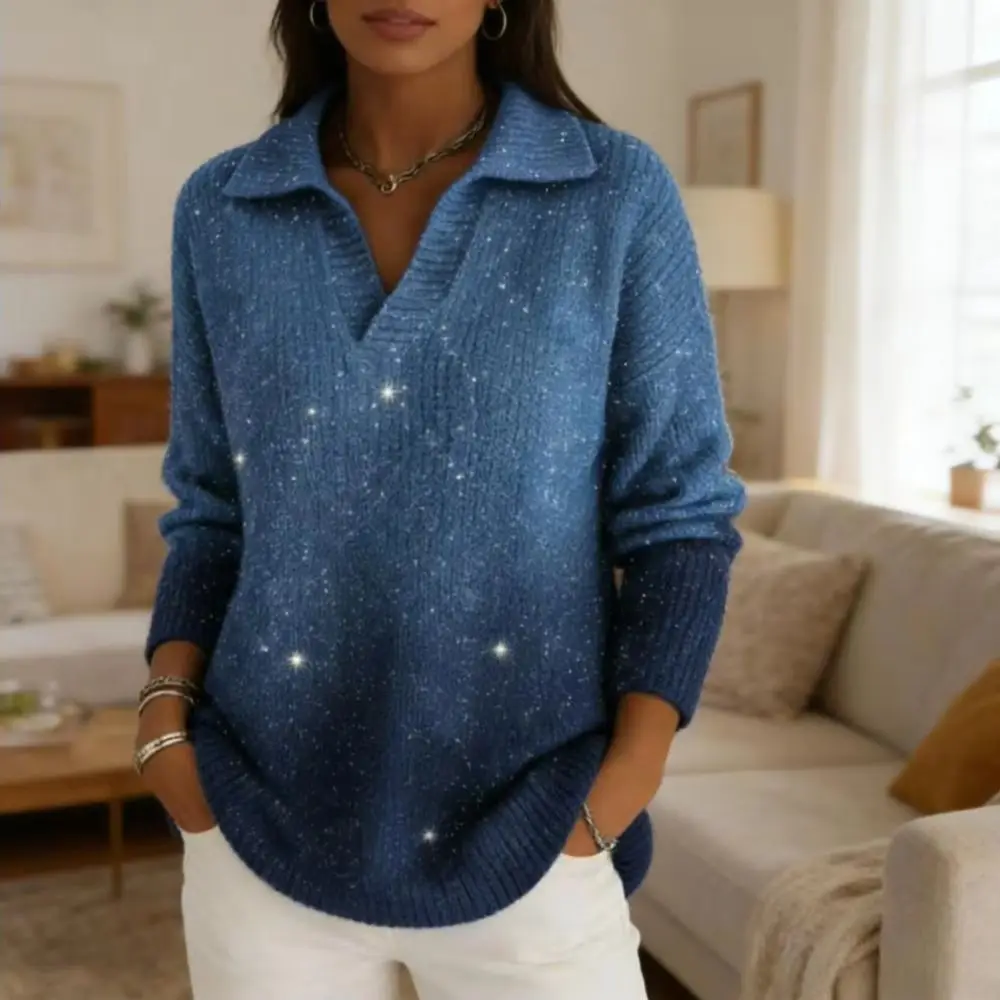 

Женский свитер с пайетками, с отложным воротником, длинными рукавами, блестящими пайетками, градиентный вязаный топ, свободный зимний трикотаж