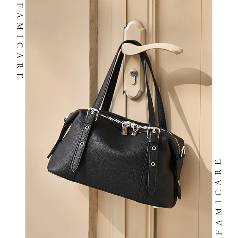 

Elegant Lady Genuine Leather Boston Bag Timeless Solid Color Top-Handle Handbag with Adjustable Strap Women Crossbody Tote Bags