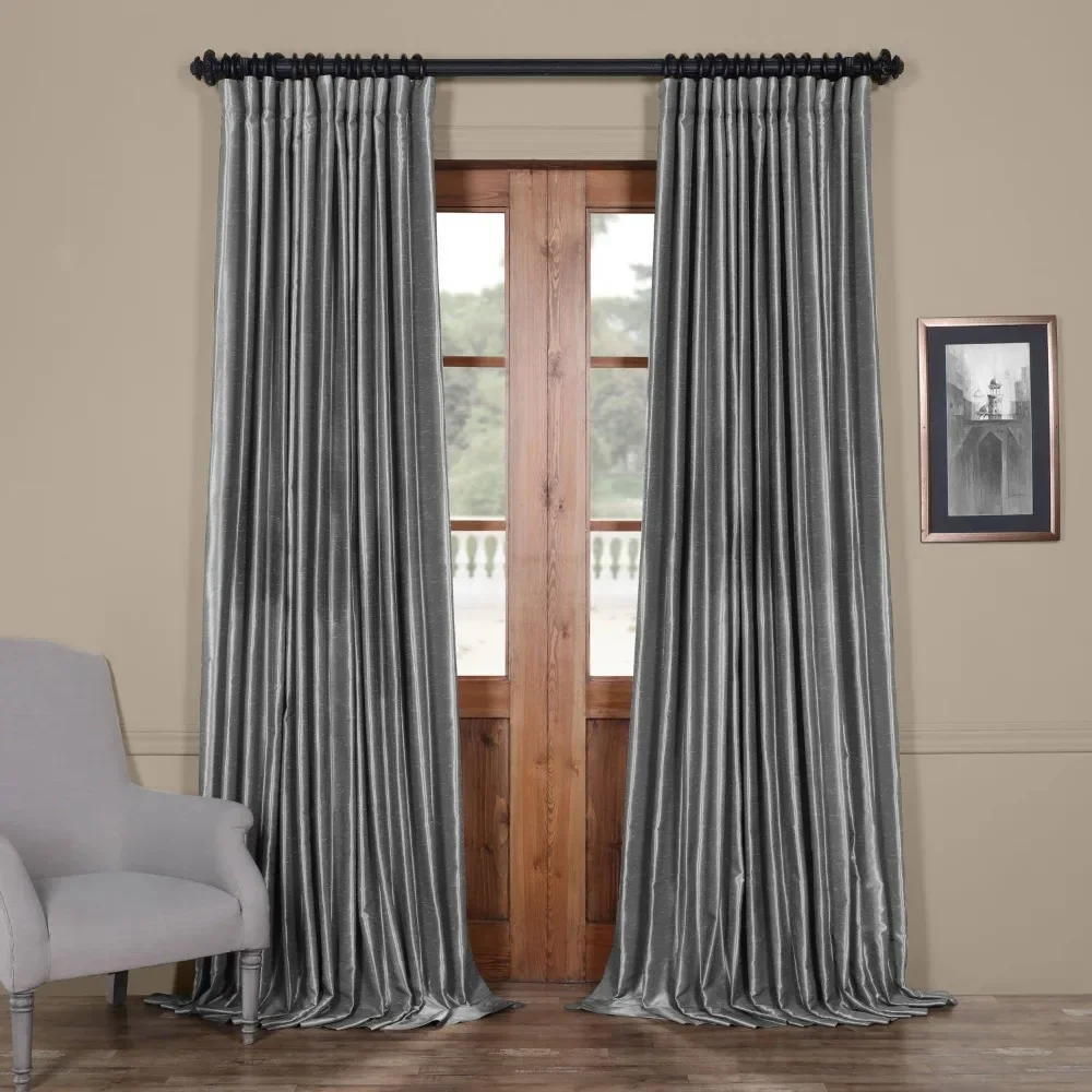 

Extra Wide Faux Silk Blackout Curtains 96 Inches Long Vintage Textured Blackout Curtain (1 Panel), 100W x 96L, Storm Grey